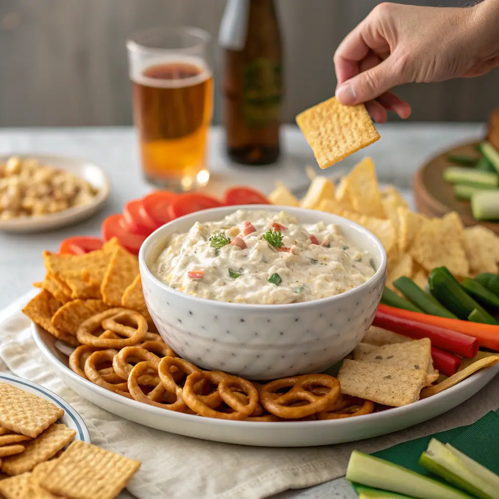 1 Million Dollar Dip – The Creamy, Cheesy Party Dip 4 party appetizer spread featuring a bowl of million