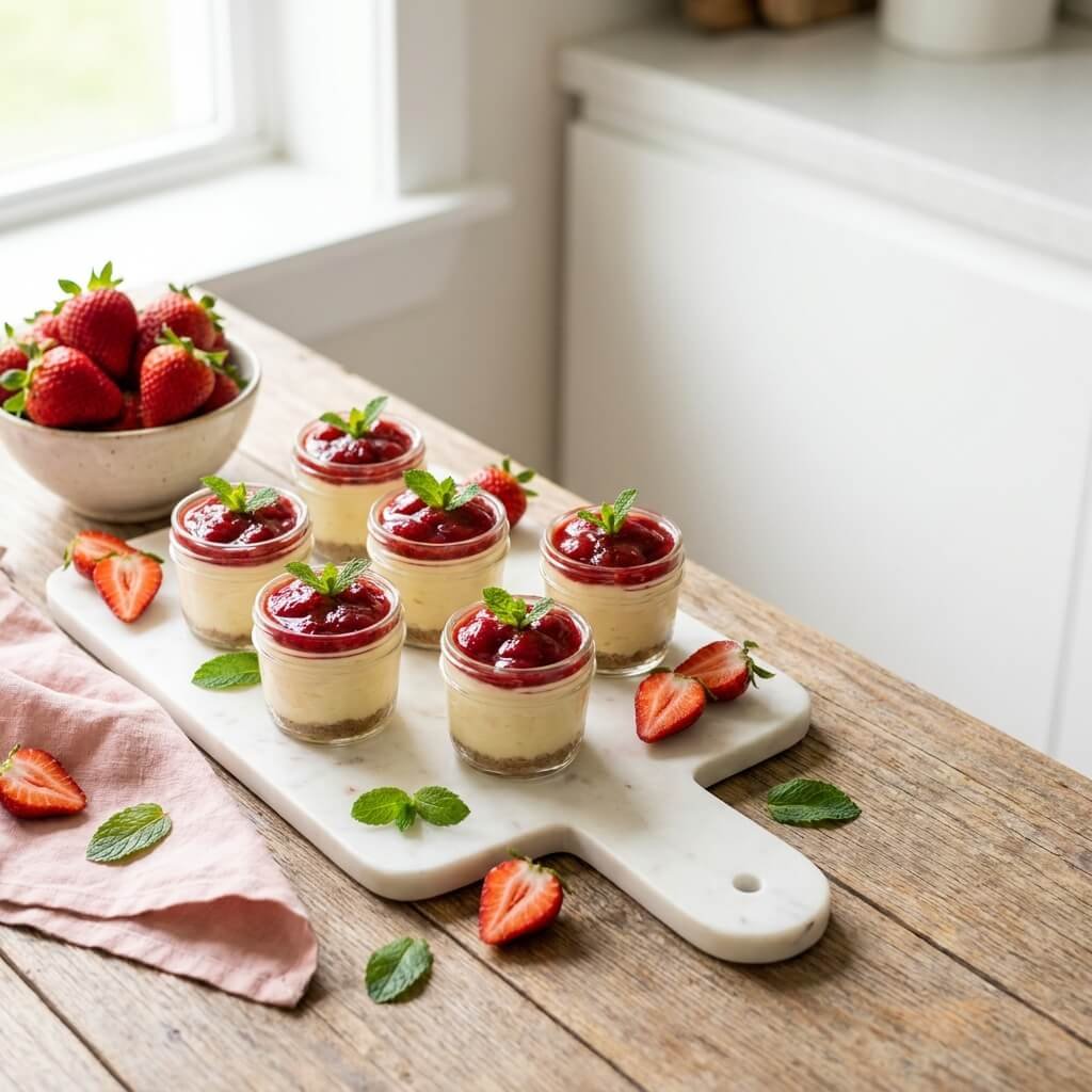Mini Strawberry Cheesecakes with Easy Homemade Sauce
