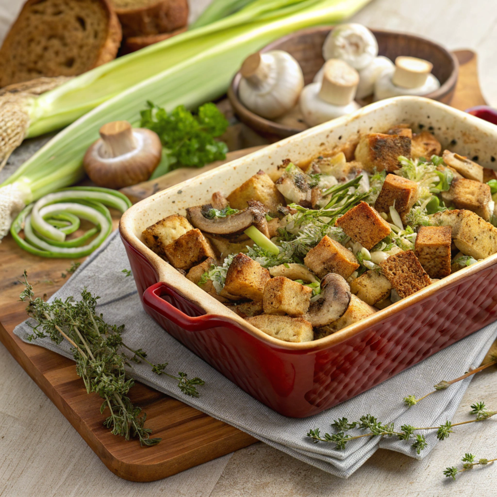 Vegetarian dressing is a delicious, meat-free version of the traditional stuffing that’s perfect for Thanksgiving or any festive meal.