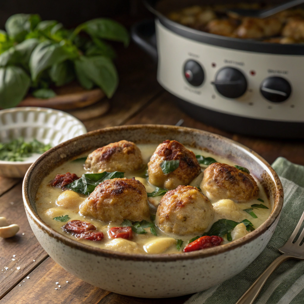 Easy Slow Cooker Tuscan Chicken Meatballs with Gnocchi